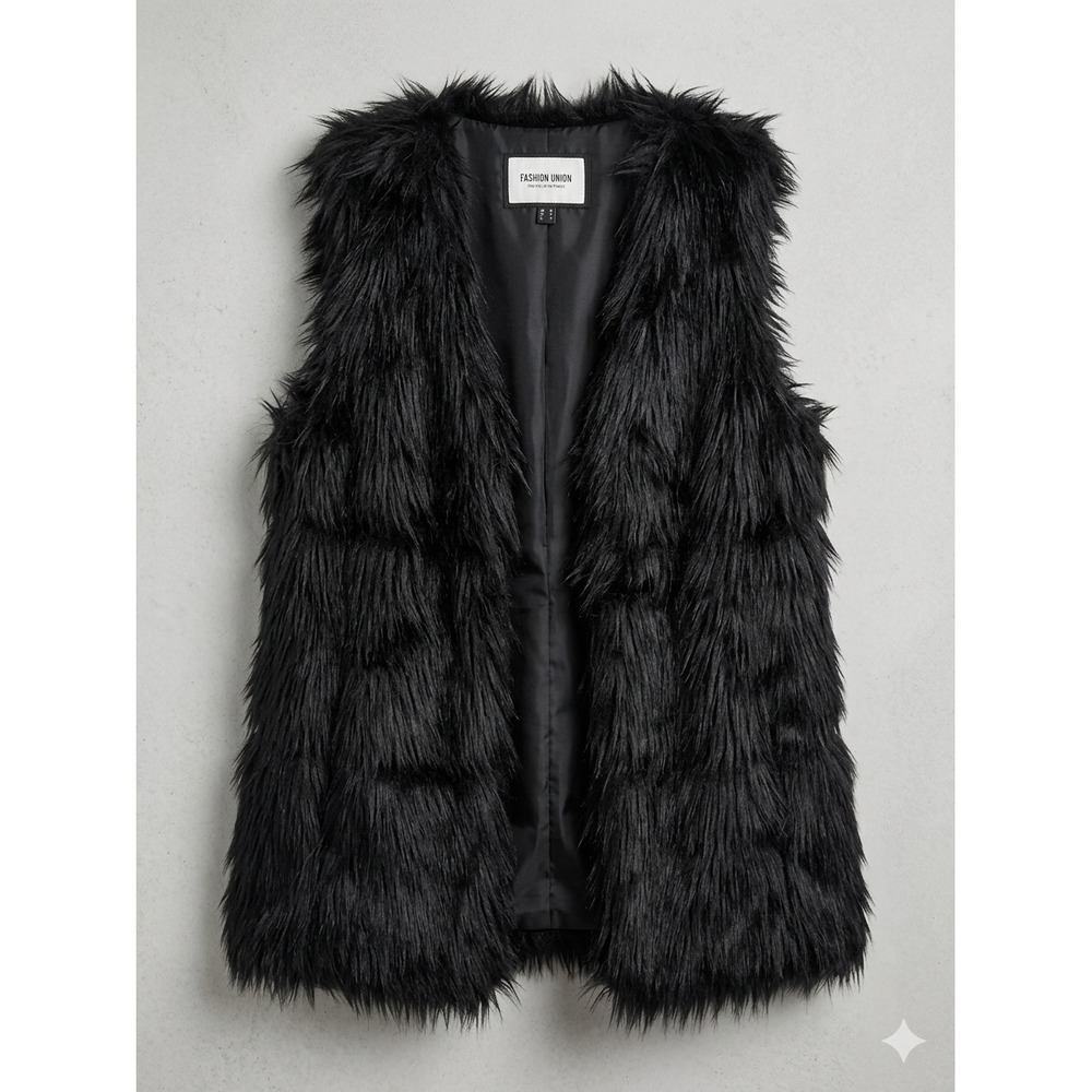 Fashion Union Faux‎ Fur Vest Women Size M Black Shaggy Open Front Gilet Pockets